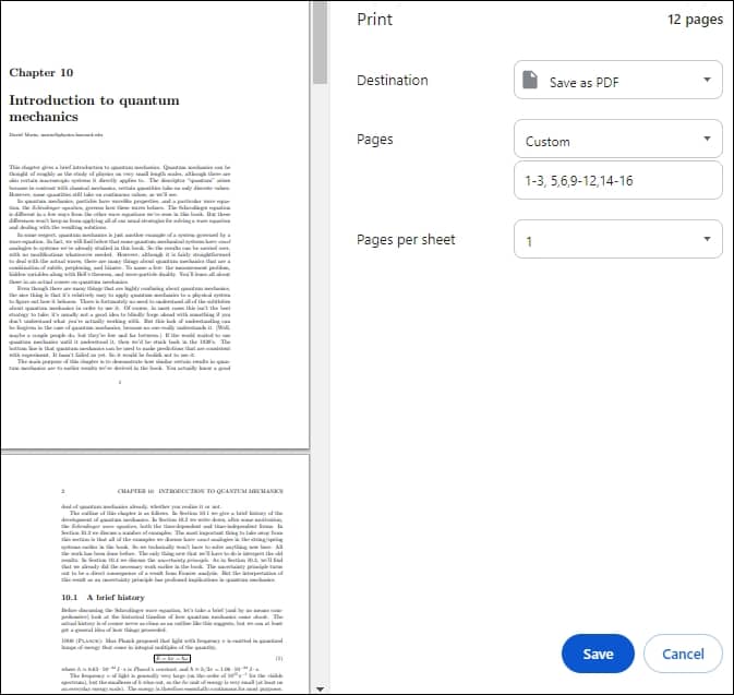 define Destination as Save as PDF, set Pages value to Custom