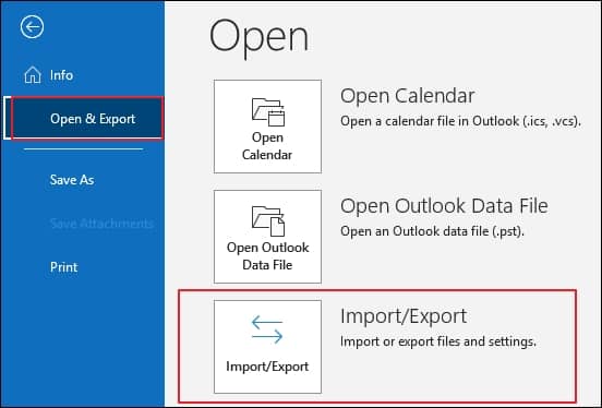 select Open and Export from the left pane and then click on Import Export option