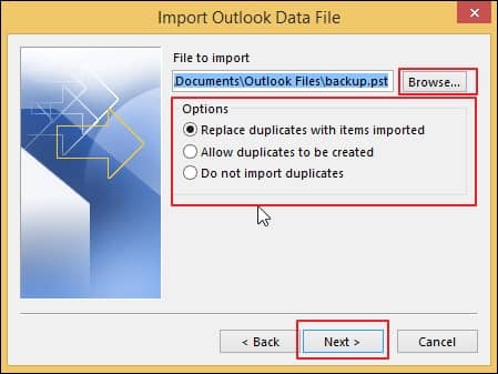 Browse to choose a PST file then select appropriate Options and click Next