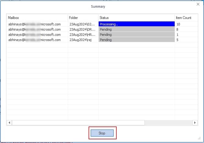 progress of the process is shown on the Summary window