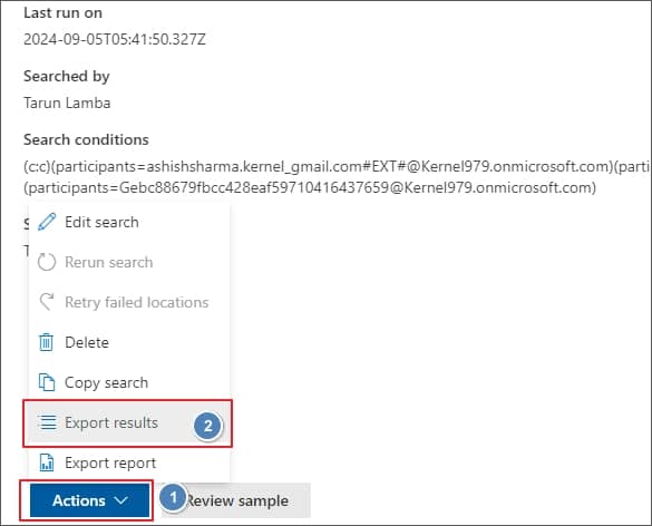 click on the Action dropdown and then select Export results