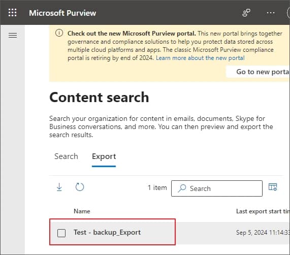 Select the Export tab on the Content search page