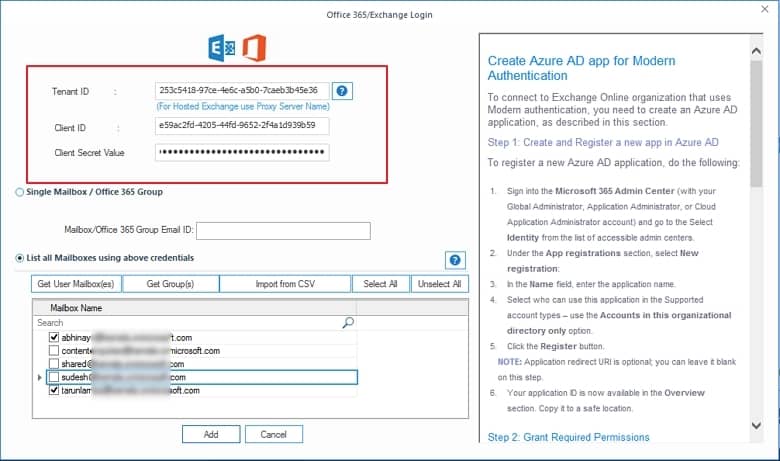 Enter the details for Modern Authentication login including Tenant ID Client ID and Client Secret Value