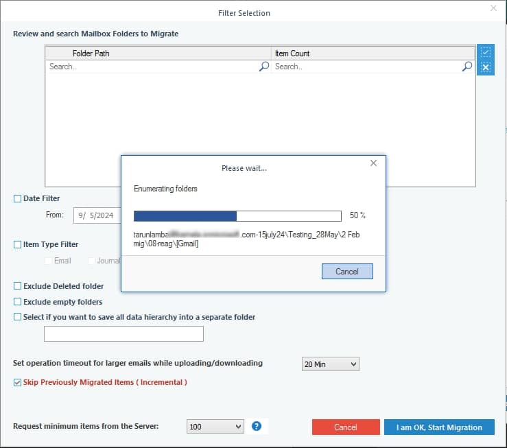 ool will begin enumerating folders from the selected user mailboxes