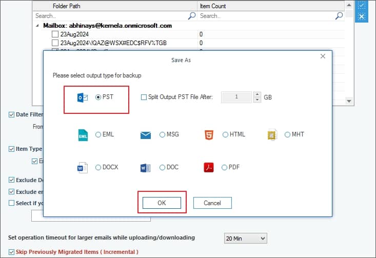 Select the output type in which you want to store the backup