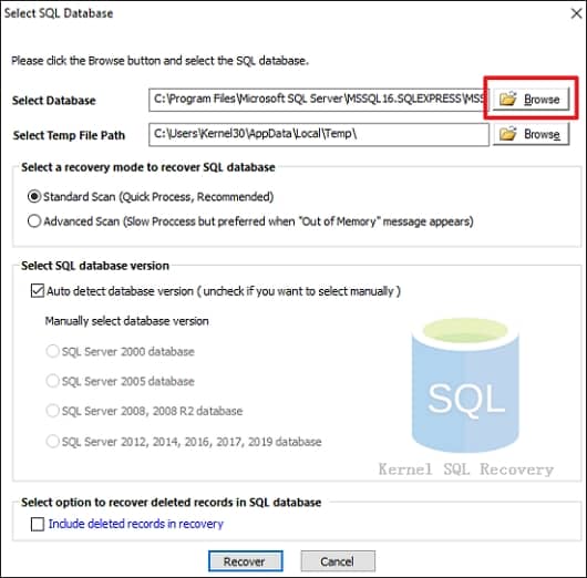 Click Browse to find the MDF file Click Recover to scan & load it