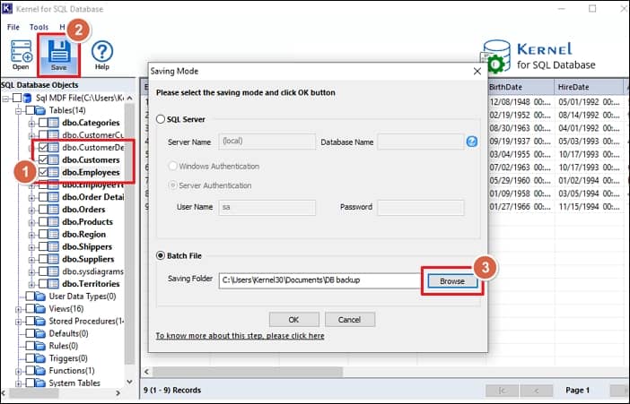 Select the tables and click Save Select Batch File in Saving Mode window 