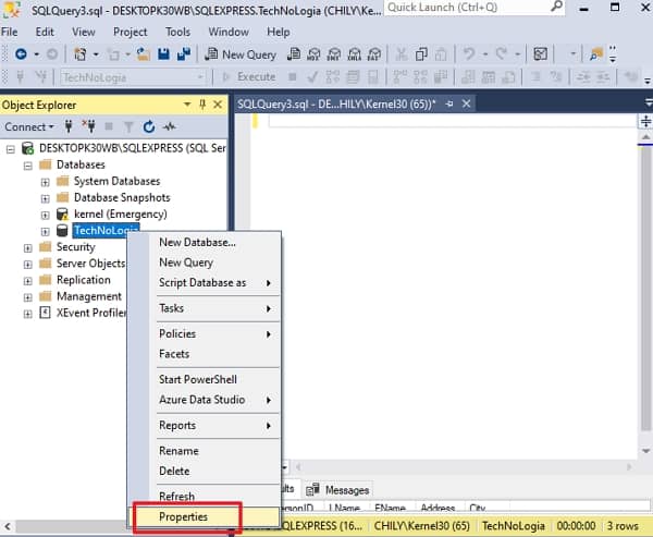 Run SSMS and right click the database with corrupted MDF file