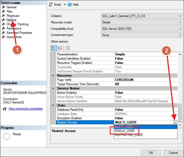 Select Options and scroll down the right side pane to find the option Restrict Access under State