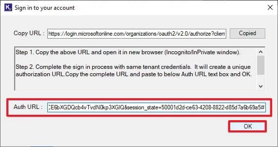 Follow the steps in Sign in to your account window to generate Auth URL