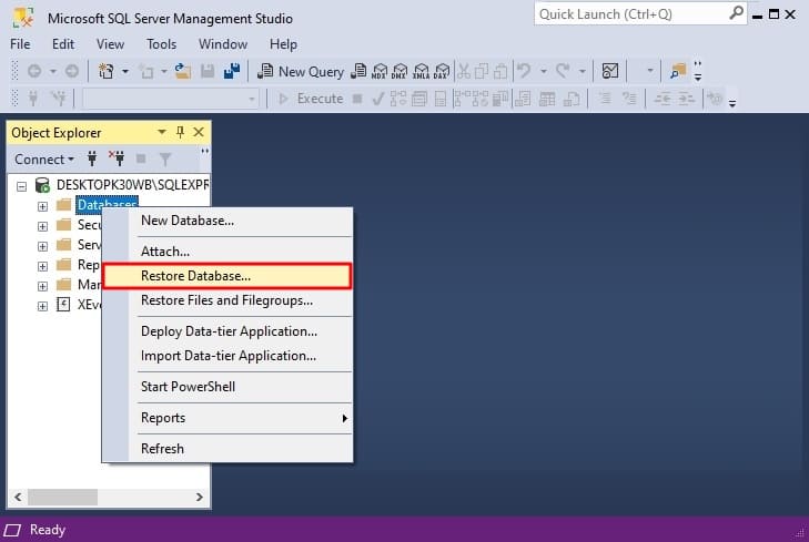 left click on database and select Restore Database