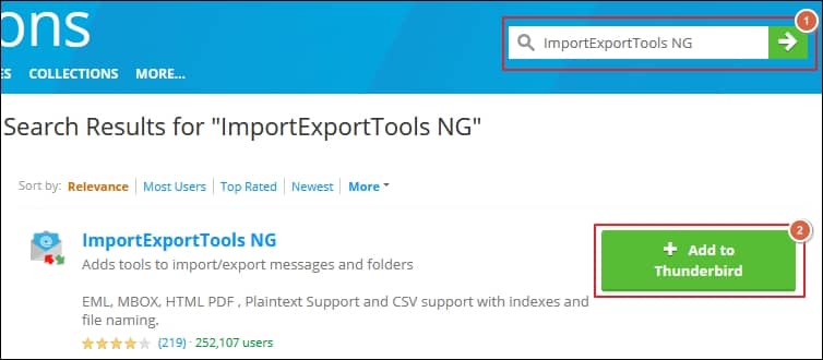 Type ImportExportToolsNG in the search box and proceed to Add to Thunderbird option