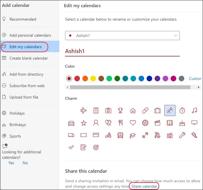 Once the process to create Office 365 shared calendar is done Go to Edit my calendars and click on Share calendar