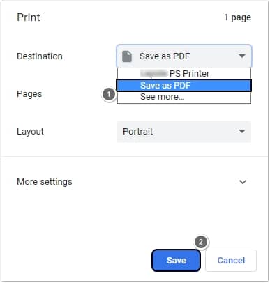 Select Save as PDF option next to Destination and click Save button