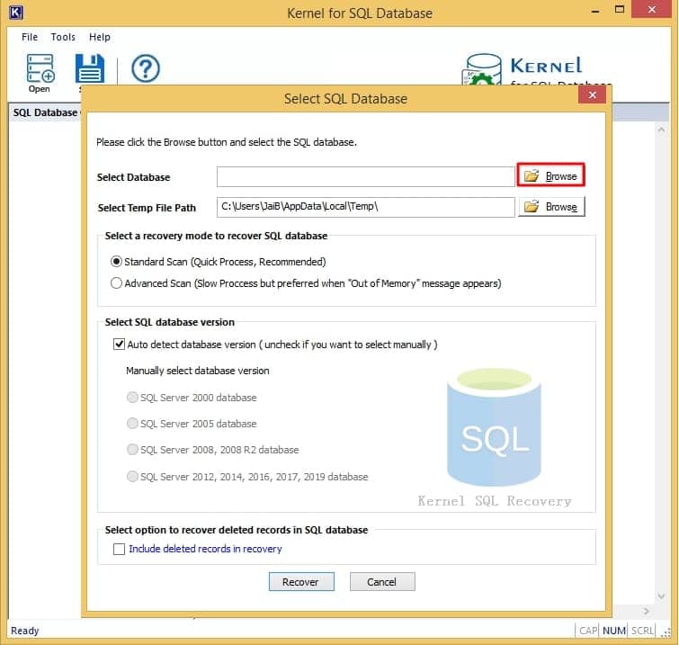 click Browse in the Select SQL Database wizard