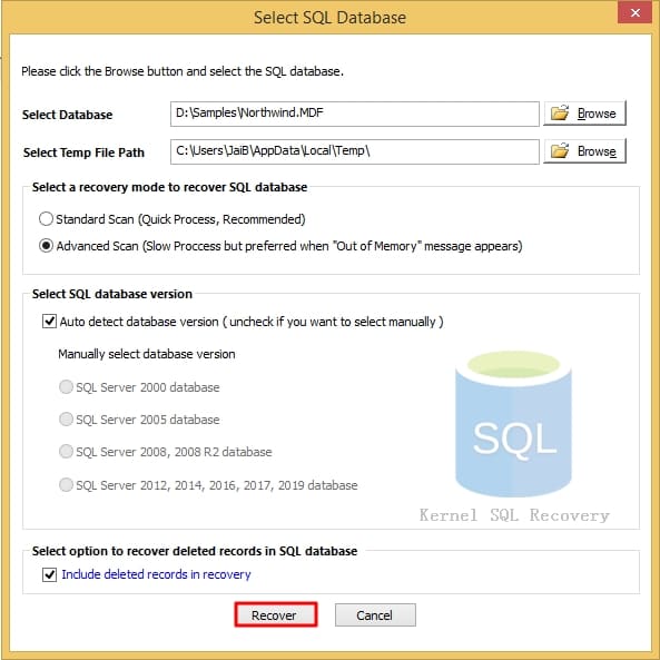 Select a Recovery mode SQL version and tick the checkbox of Include deleted records in recovery option