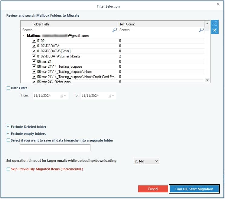 Apply necessary filters according to requirements and click I am OK Start Migration