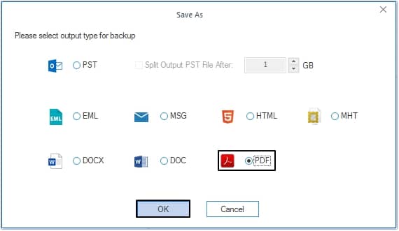 Moving ahead select the output type as PDF and click OK