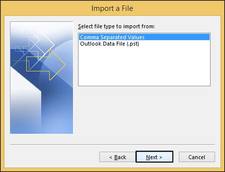 choose csv as file type