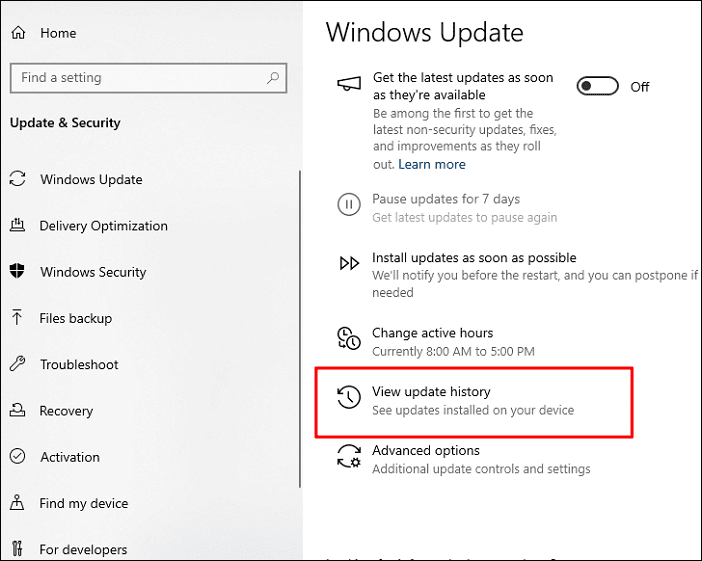 Click on Update and Security and select View update history