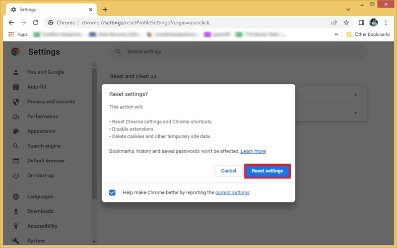 reset settings and restart the browser