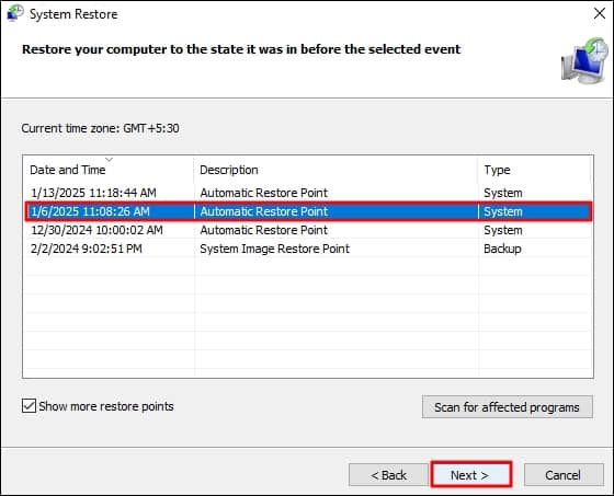 Click Next choose a restoration point and click Next