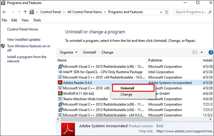 In Programs and Features right click and choose Uninstall