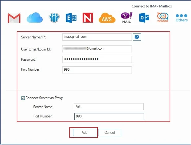 Enter the details to connect IMAP Server