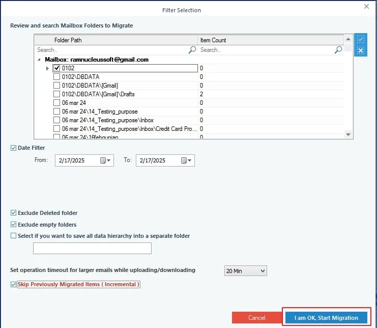 Apply filter options to perform migration