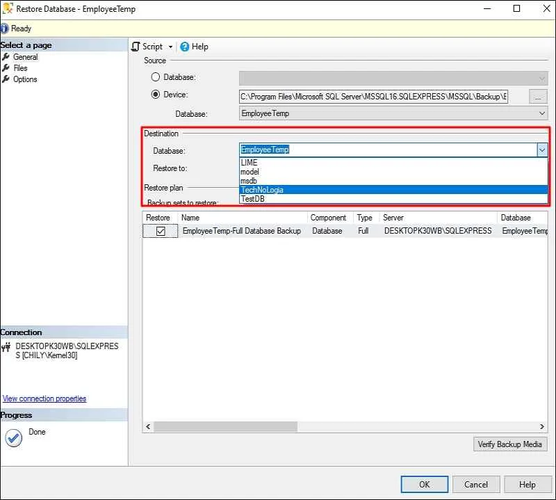 click OK to restore BAK file in SQL Server