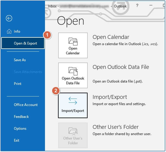 click on Import and Export in Outlook