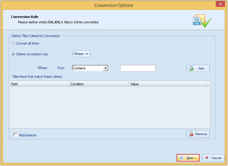 use the Filter option in the Define Conversion Rule section