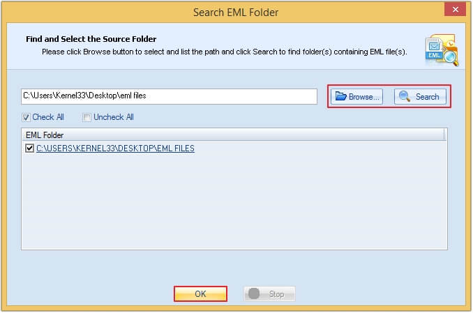 upload the folder containing EML file and then tap on Search option