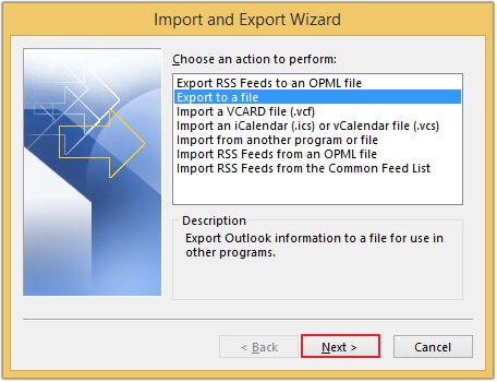 select Export to a file option and click Next to proceed