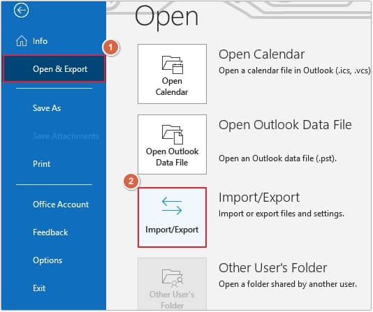 click on Import or Export option in Outlook