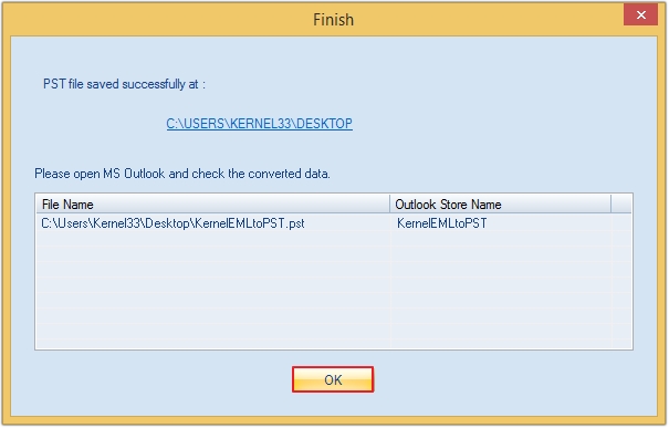 you will receive a message with your converted PST file saved successfully in your preferred location