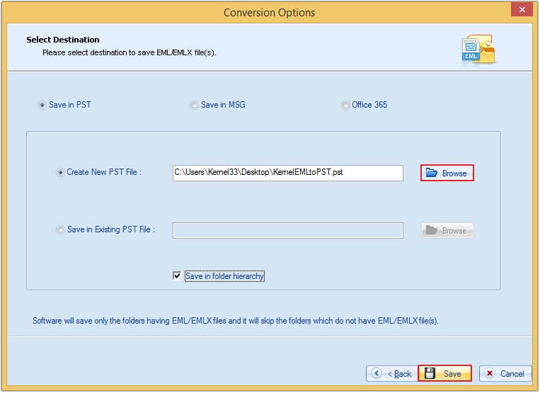 choose saving option like PST, MSG or Office 365