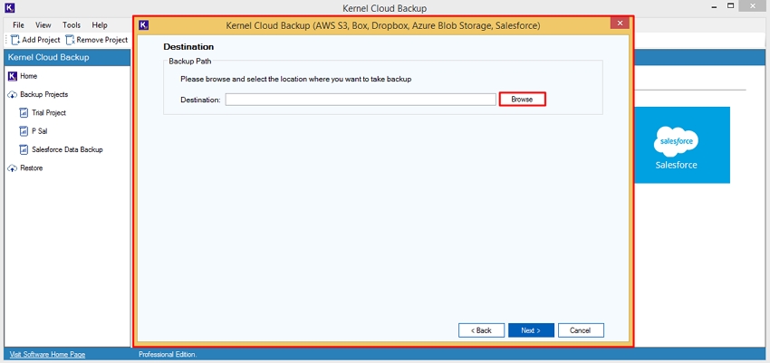 Browse to select the backup saving location and click Next