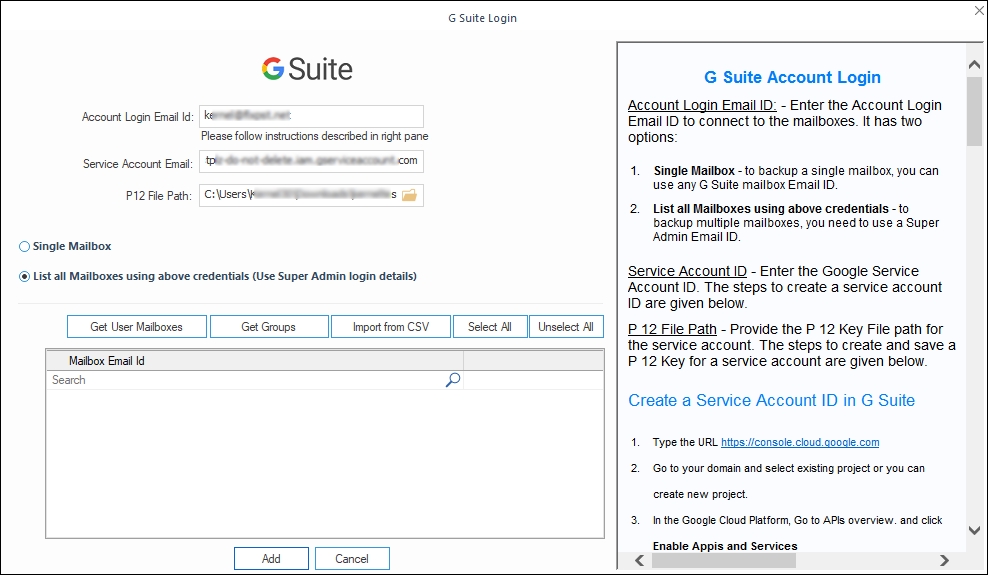 Enter G Suite login details for backup
