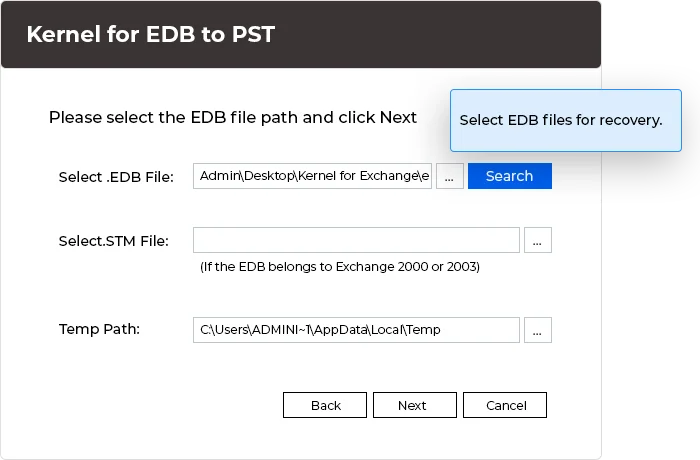 Browse to select EDB files