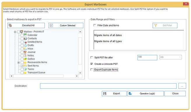 select filters for data export