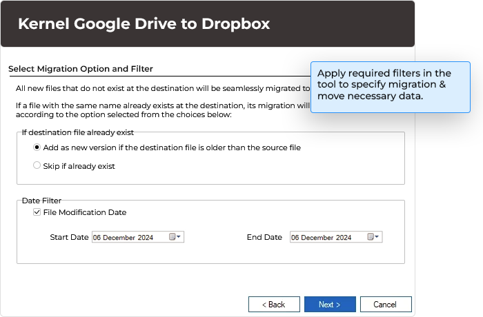 Set migration option and filter