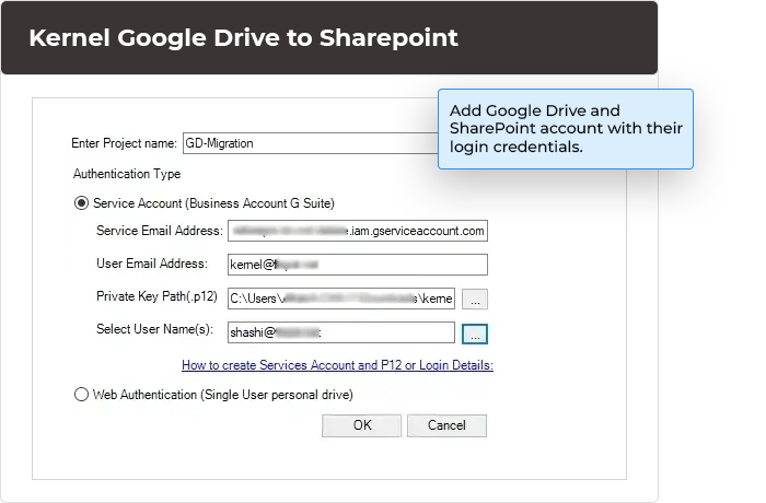 Add Google Drive and SharePoint account with their login credentials.