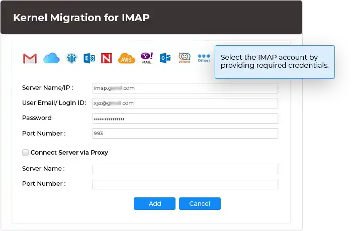 Select the IMAP account by providing required credentials.