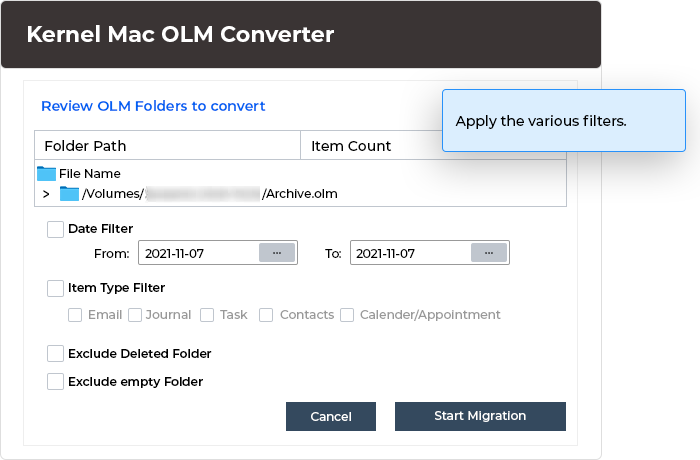 Apply the required filters to convert only the specific data to Outlook data file.