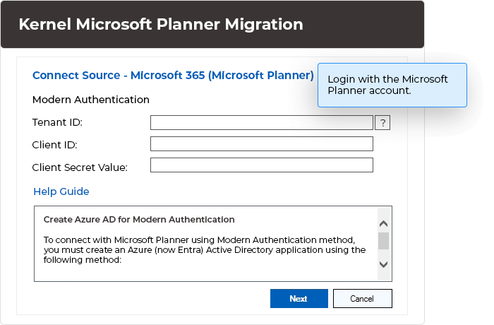 Login to connect Source and Destination Microsoft 365 Planner
