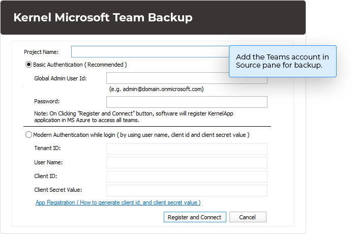 Add the Teams account in Source pane for backup