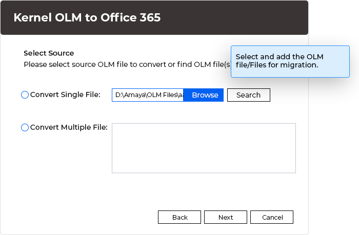 Add single or multiple OLM files to import to Office 365