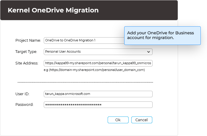 Add your OneDrive for Business account for migration.