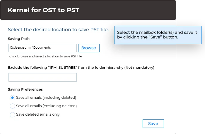 Select the desired location to PST file